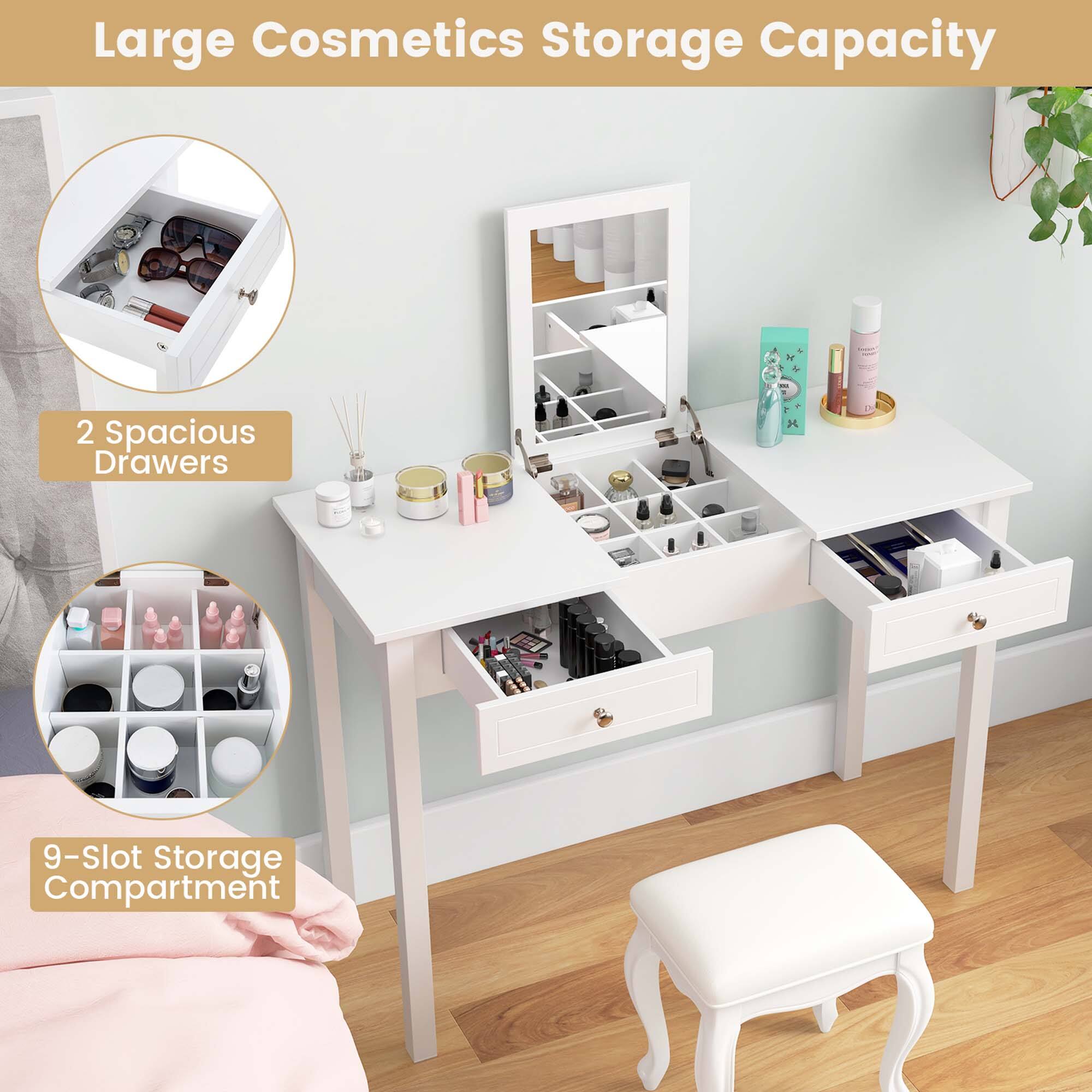 Large Cosmetics Storage Capacity

2 Spacious Drawers

9-Slot Storage Compartment