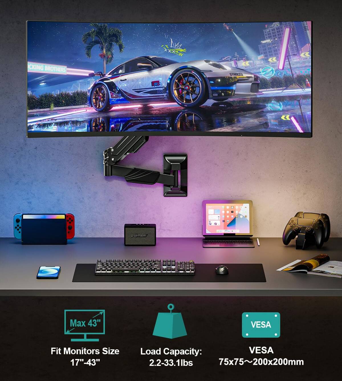 CKING BROTHERS X By STRECES  
Max 43"  
VESA Fit Monitors Size 17"-43"  
Load Capacity: 2.2-33.1lbs  
VESA 75x75~200x200mm