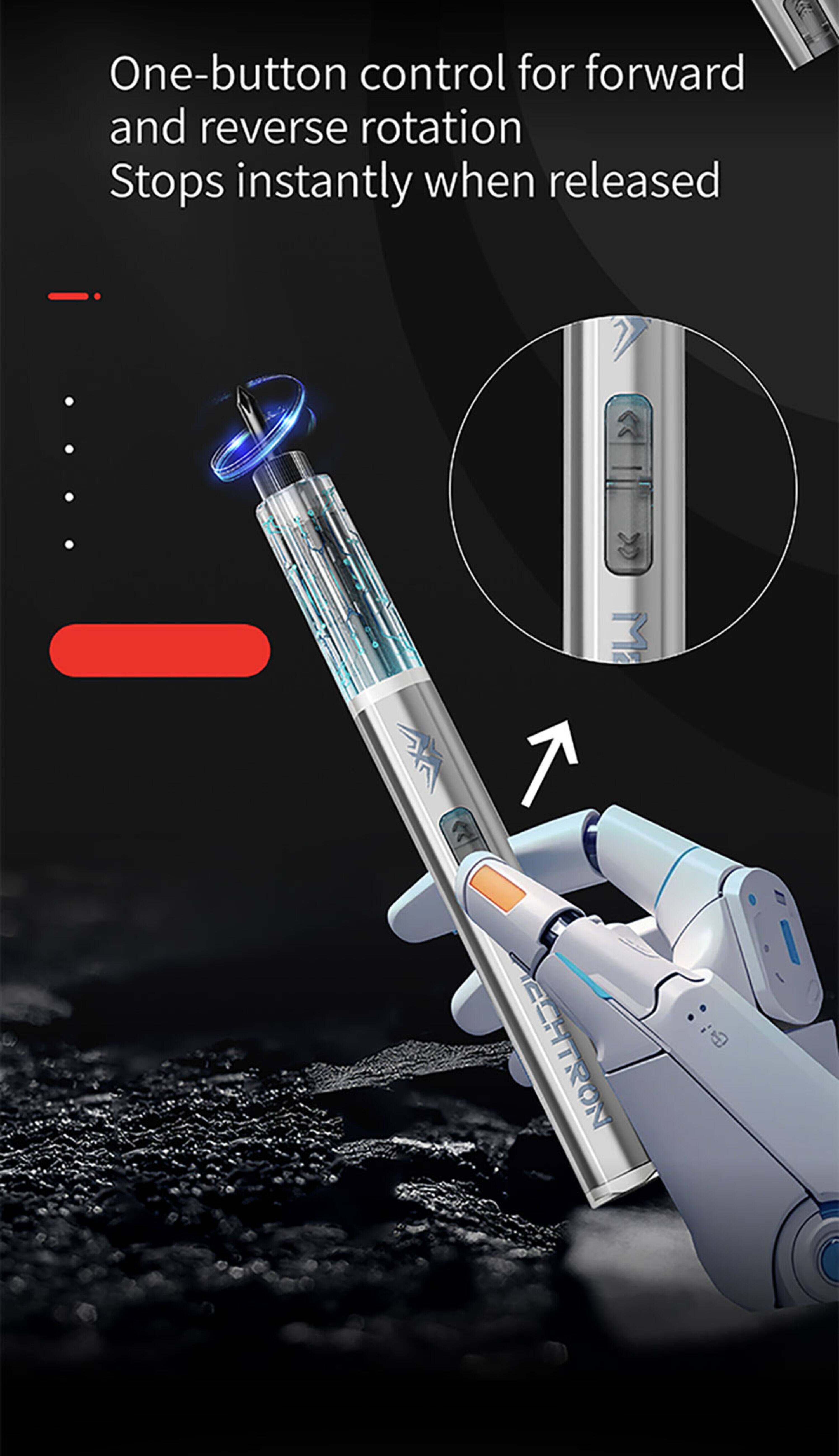 One-button control for forward and reverse rotation  
Stops instantly when released