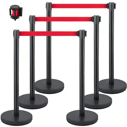 Front. VEVOR - Crowd Control Stanchion, Set of 6 Pieces Stanchion Set, Stanchion Set with 6.6 ft/2 m Red Retractable Belt - Black.