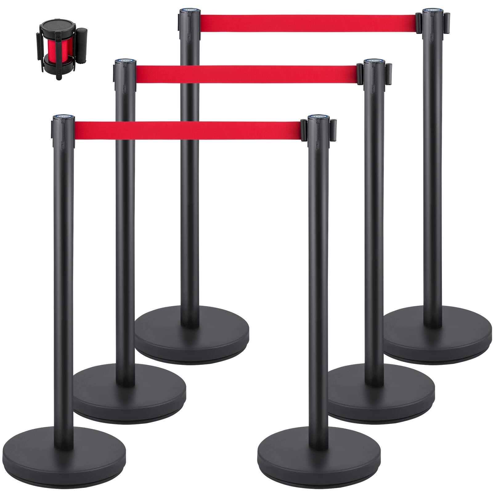 Front. VEVOR - Crowd Control Stanchion, Set of 6 Pieces Stanchion Set, Stanchion Set with 6.6 ft/2 m Red Retractable Belt - Black.