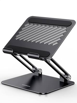 Front. FINEAK - Dual Rod Aluminum Tablet Stand, Adjustable Multi-Angle Desktop Holder for iPad, iPhone & E-Reader - Black - Black.