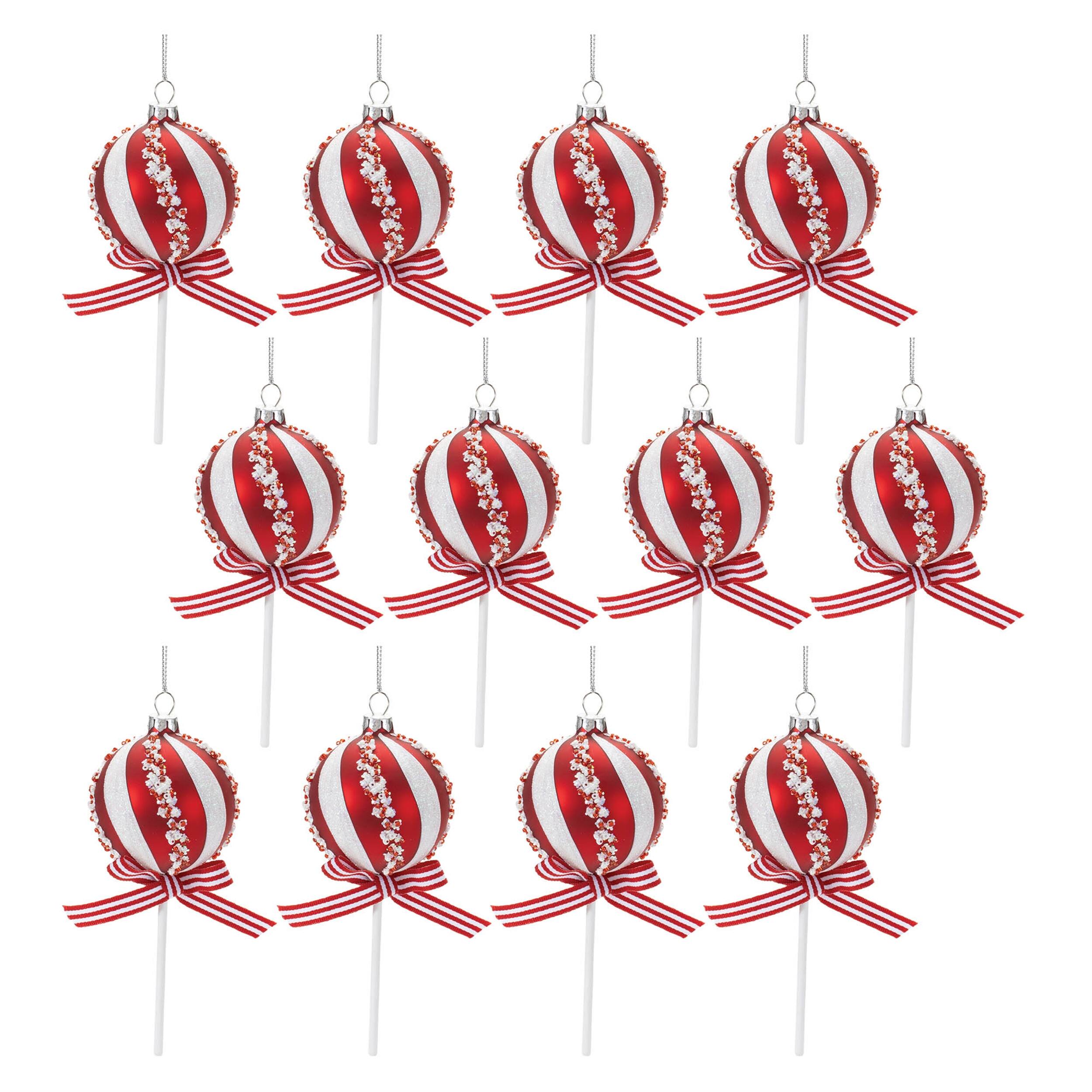 Left. BreeBe - Glass Peppermint Lollipop Ornament (Set of 12) - Red, White.