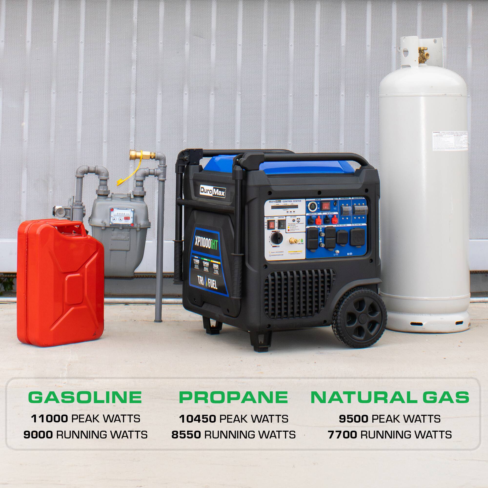 Duro Max - XP10000LT

- GASOLINE
  - 11000 PEAK WATTS
  - 9000 RUNNING WATTS

- PROPANE
  - 10450 PEAK WATTS
  - 8550 RUNNING WATTS

- NATURAL GAS
  - 9500 PEAK WATTS
  - 7700 RUNNING WATTS