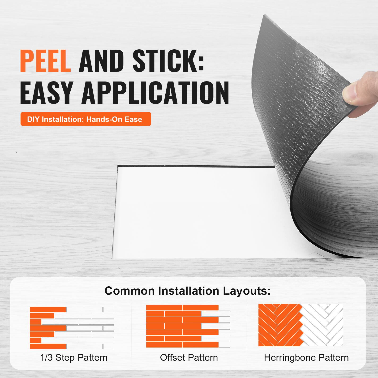 PEEL AND STICK: EASY APPLICATION

DIY Installation: Hands-On Ease

Common Installation Layouts:
- 1/3 Step Pattern
- Offset Pattern
- Herringbone Pattern
