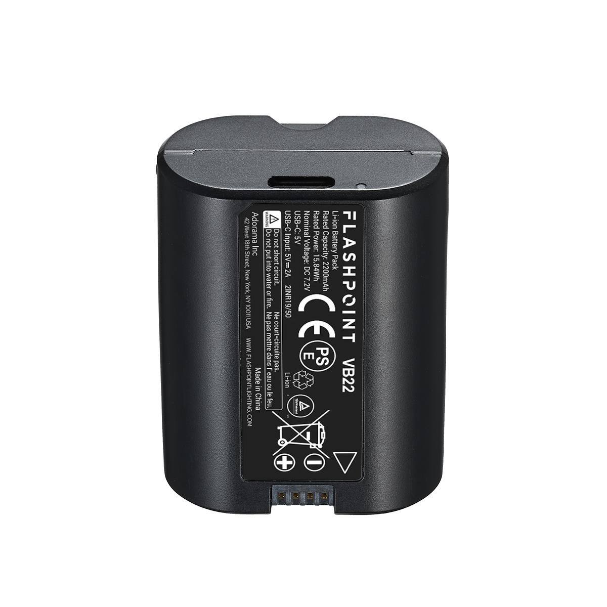 42 West 18th Adorama Inc Street, New York, NY 10011 USA www.FLASHPOINTLIGHTING.com Made in China

USB-C USB-C: Nominal Rated Rated Li-ion Do not Input 5V Power. Capacity: Battery put into short 5V=2A Voltage: DC 7.2V 2200mAh or fire. 2INR1 Ne pas mettre dans l'eau court-circuit le feu. + -

FLASHPOINT VB22