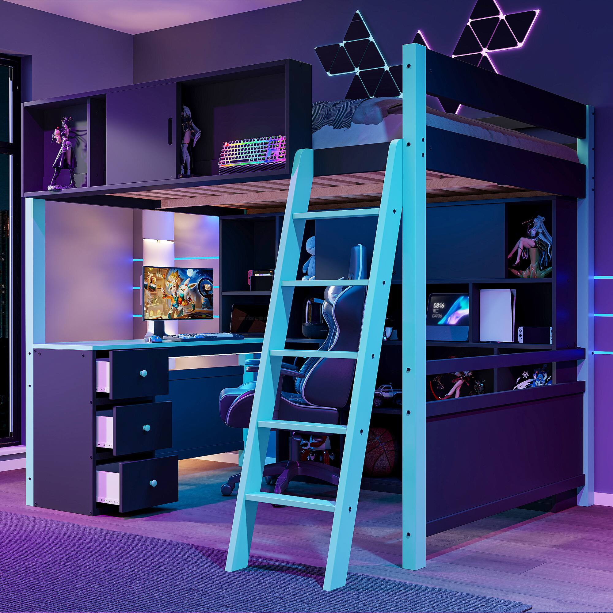 Angle. Anysun - Full Size Wood Loft Bed with Desk, Ample Storage Space and Light - Blue.