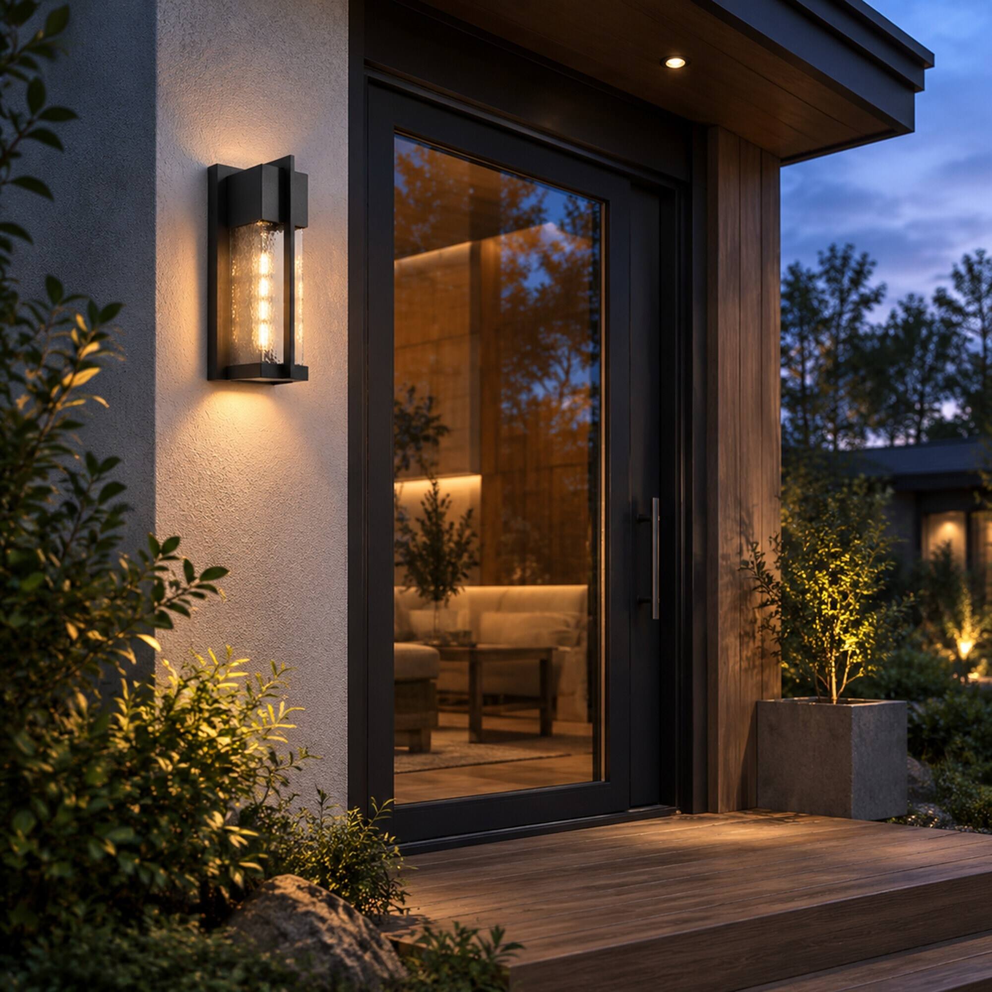 Alt View 3. RYHNUYNE - Dusk To Dawn 2-Pack 13 In Outdoor Wall Lights, Waterproof Hammer Glass Sconce for Entryway Garage Patio Black - Black.