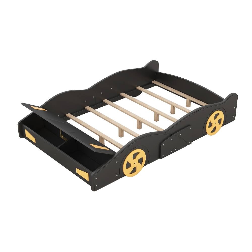 Alt View 9. Loheer - Loheer Full Size Race Car Bed with Storage, Black Yellow Car Shaped Platform Bed - Black+Yellow.