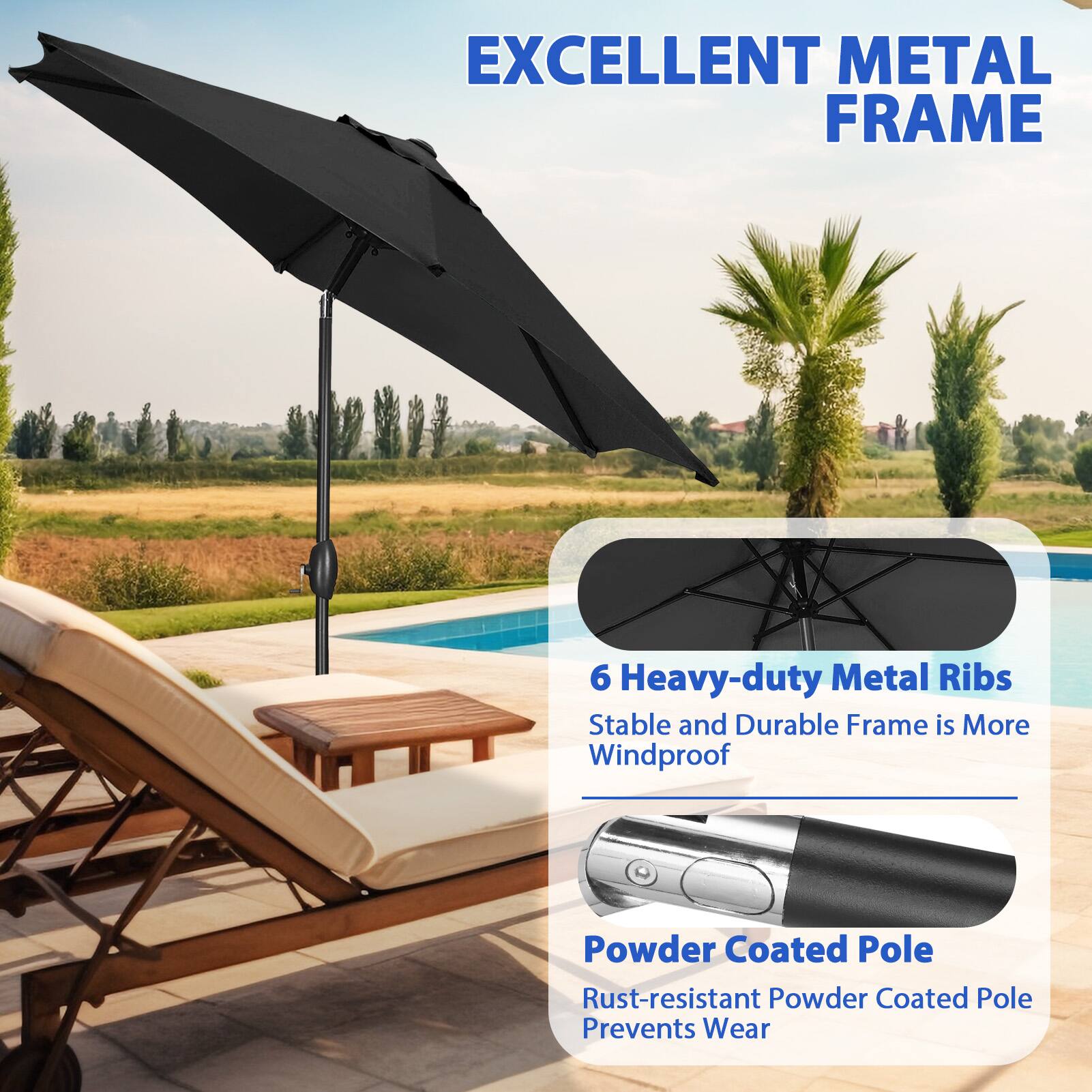 EXCELLENT METAL FRAME

6 Heavy-duty Metal Ribs
Stable and Durable Frame is More Windproof

Powder Coated Pole
Rust-resistant Powder Coated Pole Prevents Wear