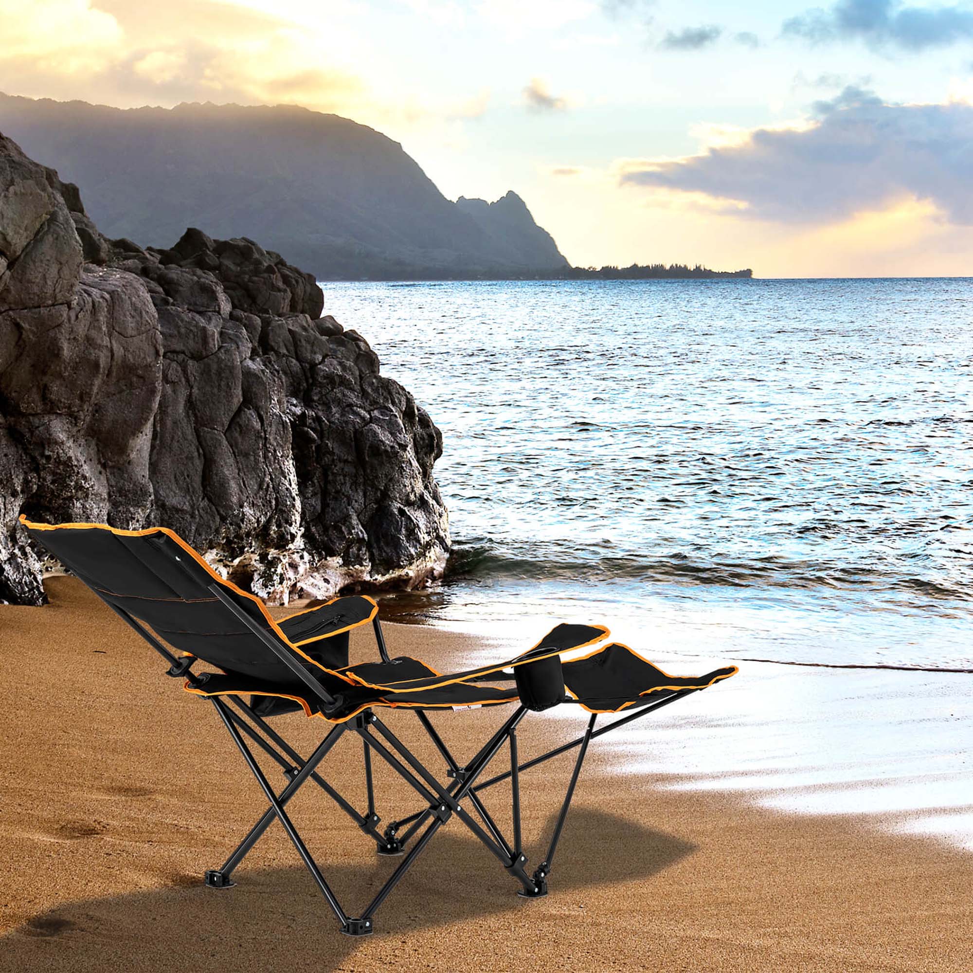 Angle. Costway - 1 PCS Folding Camping Chair with Footrest Adjustable Backrest Padded Cushion - Black.