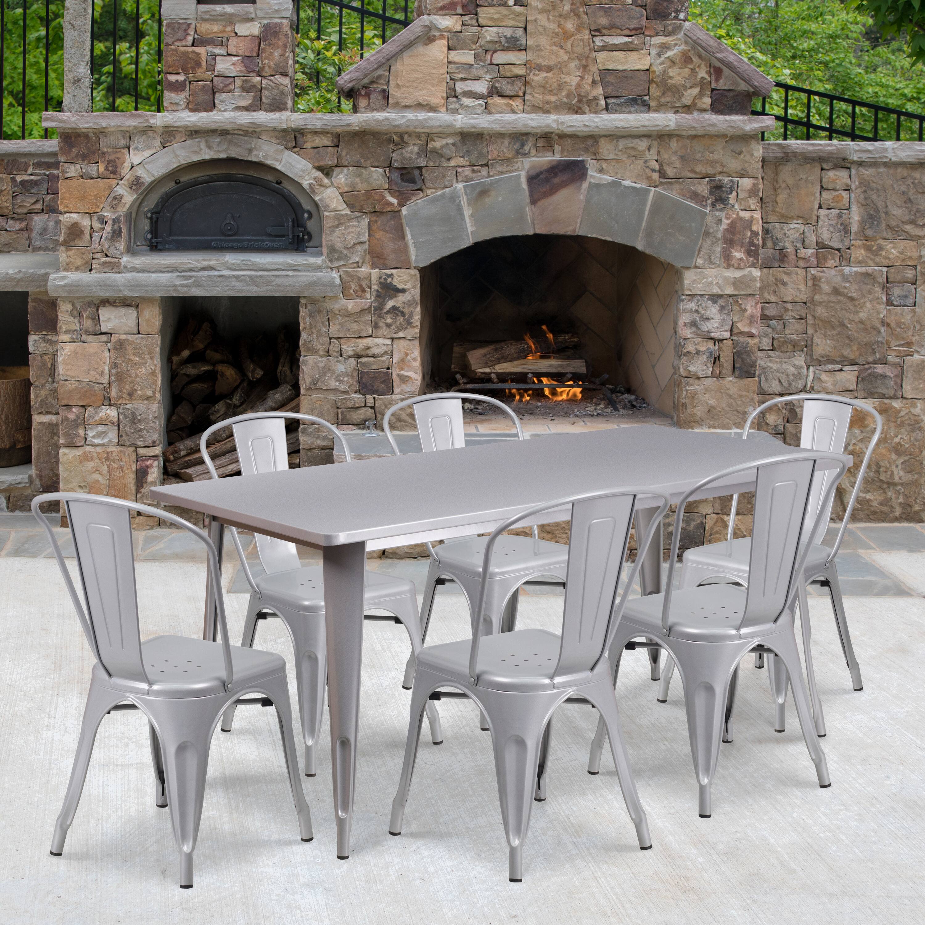 Front. Emma + Oliver - Commercial Grade Rectangular Metal Indoor-Outdoor Table Set with 6 Stack Chairs - Silver.