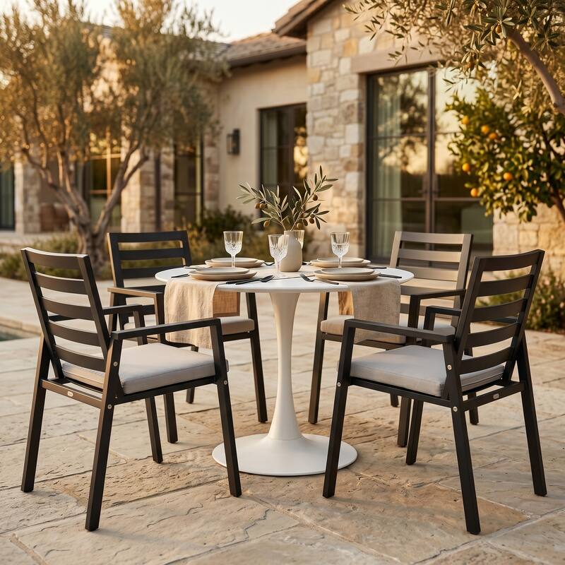 Alt View 1. LeisureMod - Bello 35 Inch Outdoor Metal Dining Table with Black Base, Weather-Resistant Patio Bistro Furniture - White.