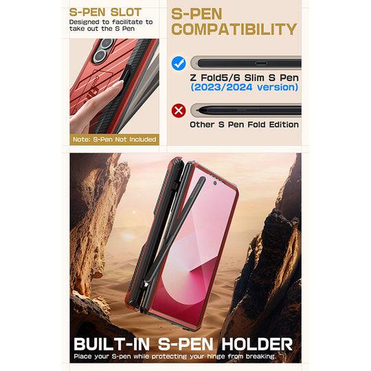 **S-PEN SLOT**  
Designed to facilitate taking out the S Pen

**COMPATIBILITY**  
✓ Z Fold5/6 Slim S Pen (2023/2024 version)  
✗ Other S Pen Fold Edition  

Note: S-Pen Not Included

**BUILT-IN S-PEN HOLDER**  
Place your S-pen while protecting your hinge from breaking.