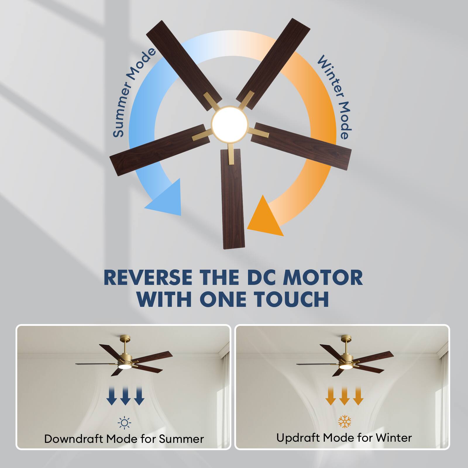 Mode Summer Winter Mode  
REVERSE THE DC MOTOR WITH ONE TOUCH  
Downdraft Mode for Summer  
Updraft Mode for Winter