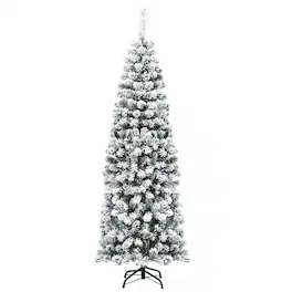 Costway - 6Ft Unlit Hinged Snow Flocked Artificial Pencil Christmas Tree with 500 Branch Tips - Green/White