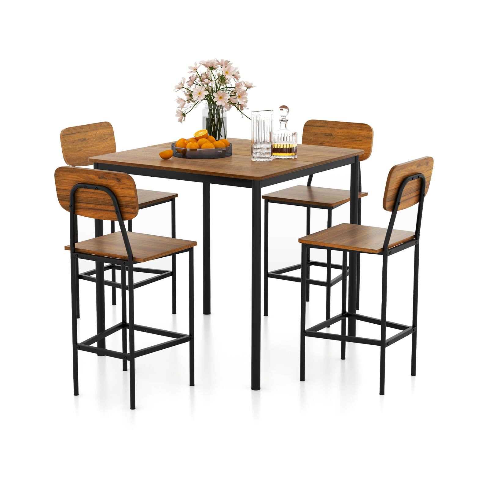 Left. SlickBlue - 5-Piece Industrial Dining Set with Counter Height Table and 4 Bar Stools - Walnut.