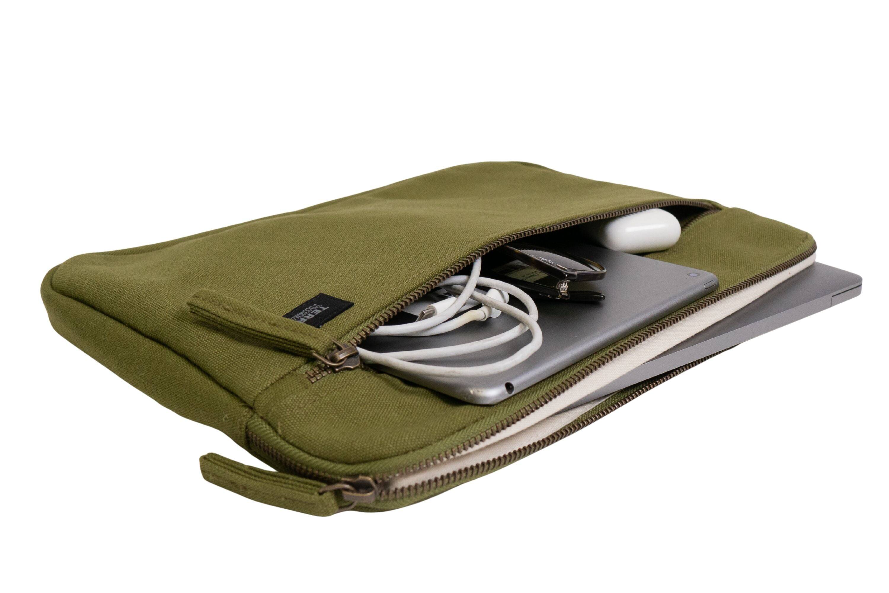 Left. Terra Thread - Organic Cotton Laptop Sleeve 13 inches - Olive Green.