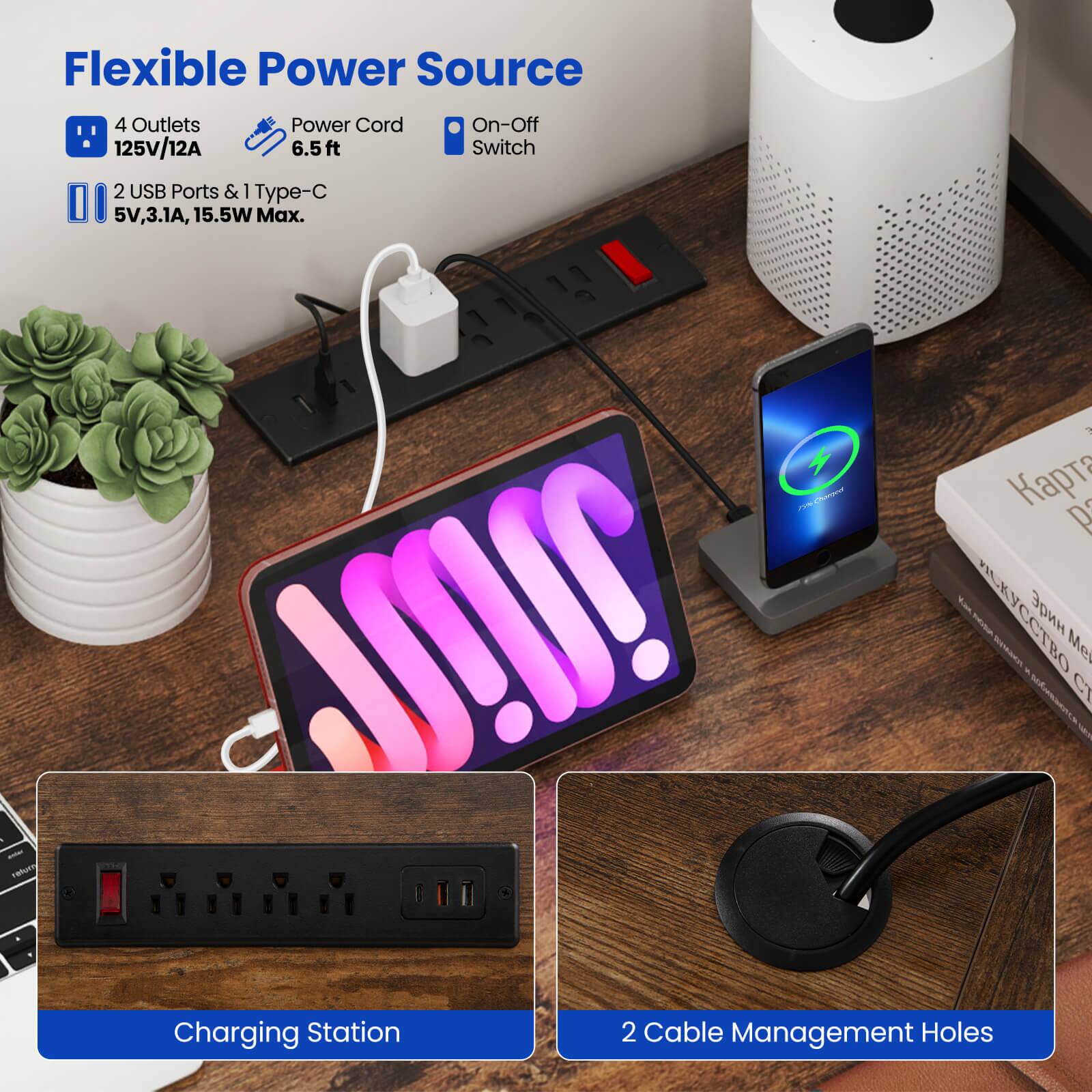 The text on the image is grouped and corrected as follows:

Flexible Power Source:
- 4 Outlets
- 125V/12A Power Cord (6.5ft)
- On-Off Switch
- 2 USB Ports & 1 Type-C
- 5V, 3.1A, 15.5W Max.
- Charging Station
- 2 Cable Management Holes

This grouping and correction provide a clear and concise description of the product's features.