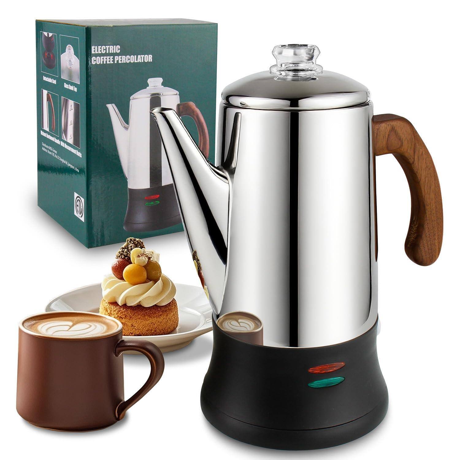 Dapper Styles - Electric Coffee Percolator Stainless Steel Maker With Clear Brew Progress Tough Glass Knob And On/off Class - Stainless Steel-8 Cup