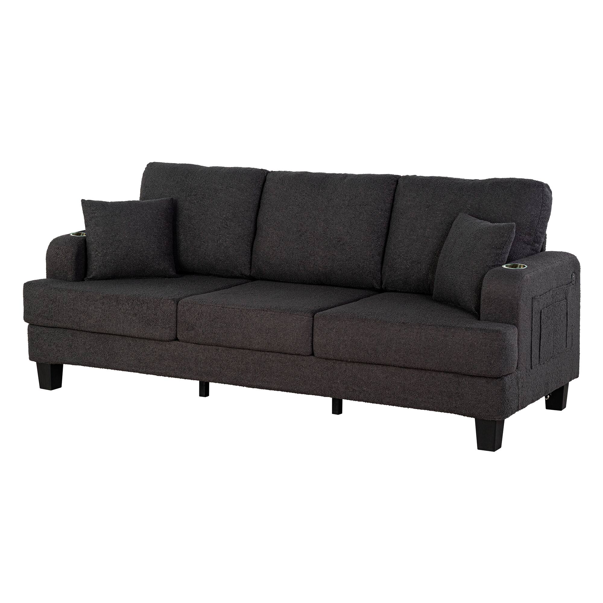 Alt View 1. Vaczon - 3 Seater Sofa with USB Charging, 2 Cup Holders and 2 Throw Pillows Comfortable Living Room Couch for Relaxing - Charcoal black.