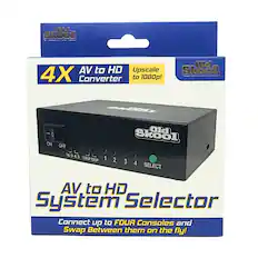 Old Skool
AV to HD Upscale 4X Converter to 1080p!
Old Skool
ON OFF 16:9 4:3 1080P 720P 1 2 3 4 SELECT
AV to HD System Selector
Connect up to FOUR Consoles and Swap Between them on the fly!