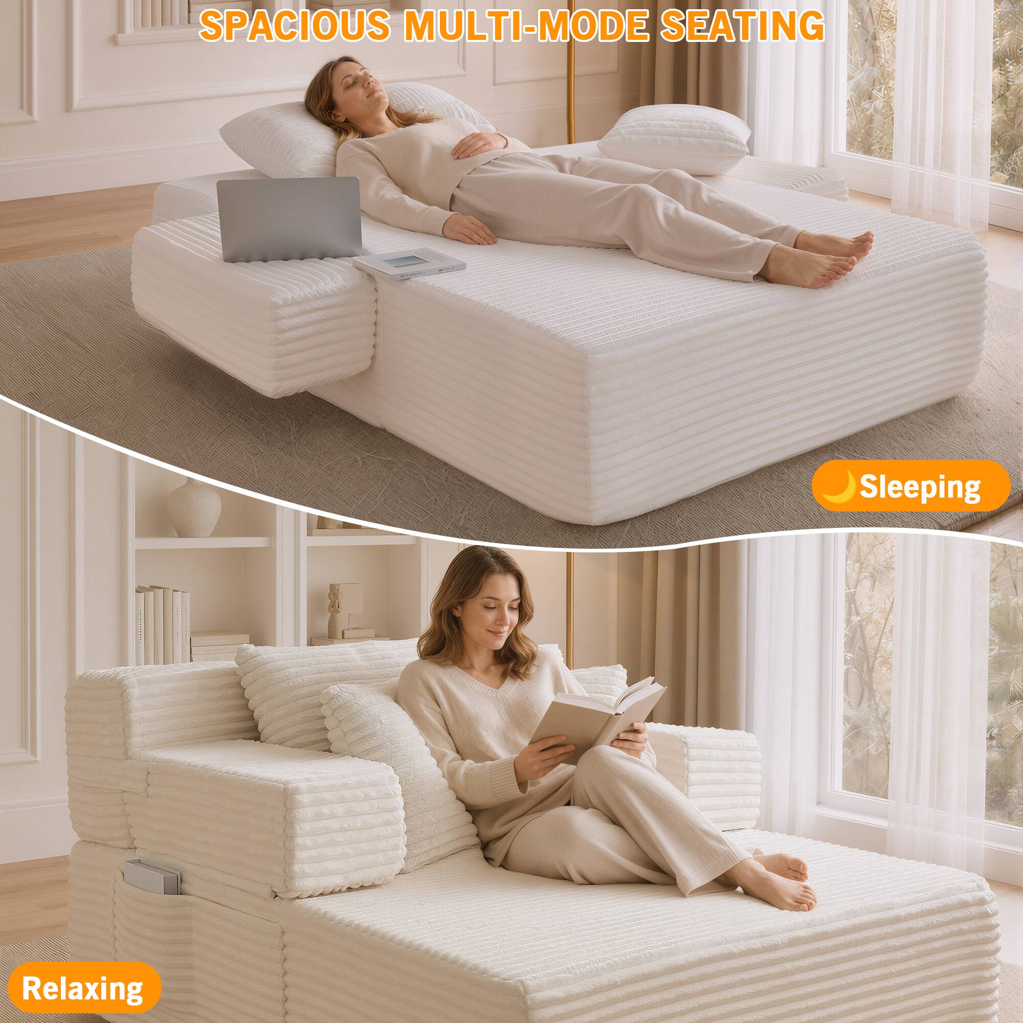 SPACIOUS MULTI-MODE SEATING

Sleeping

Relaxing
