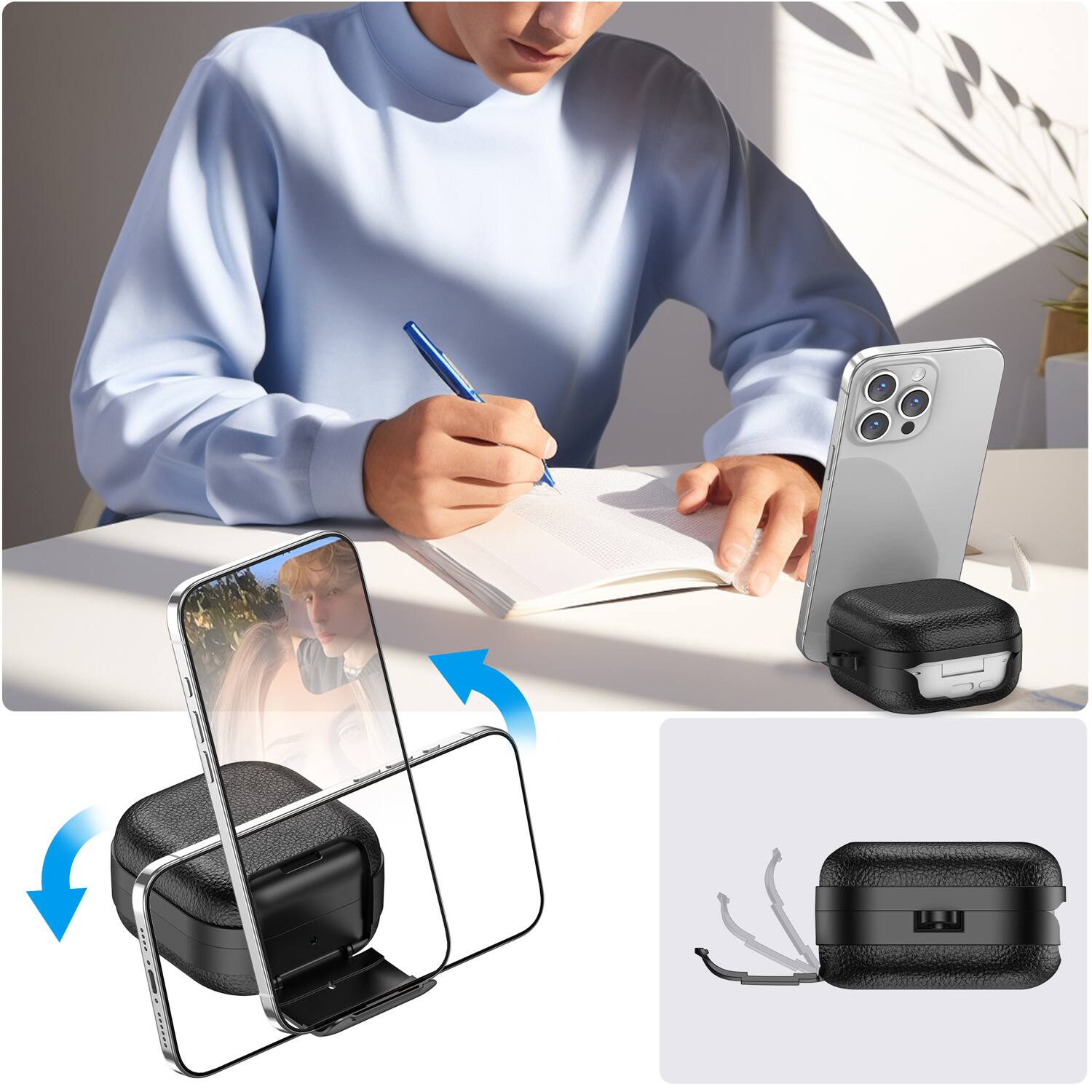 Back. Dteck - Case for Samsung Galaxy Buds 4 / Buds 4 Pro with Phone Holder & Keychain,Leather Texture Earbuds Cover for Man Women - White Black.
