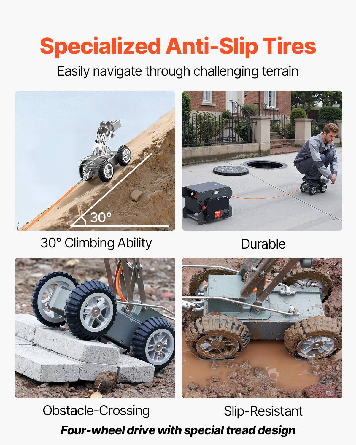 Specialized Anti-Slip Tires

Easily navigate through challenging terrain

30° Climbing Ability

Durable

Obstacle-Crossing

Slip-Resistant

Four-wheel drive with special tread design