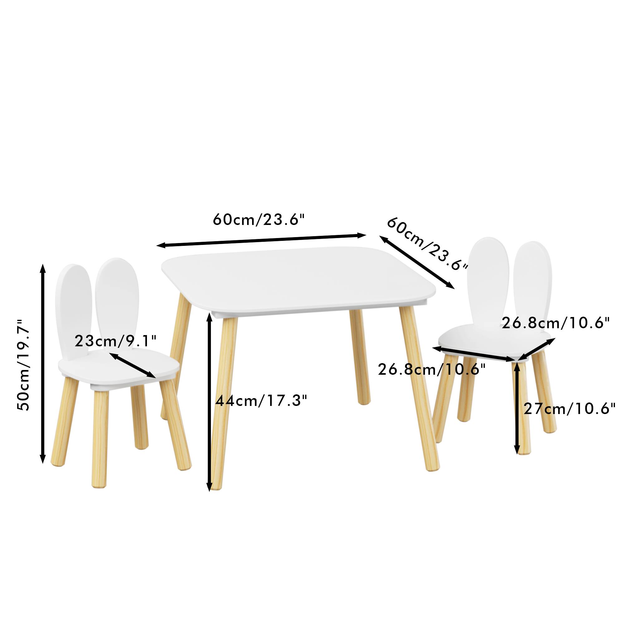 - Table dimensions: 60cm/23.6" (length) x 60cm/23.6" (width)
- Seat dimensions: 26.8cm/10.6" (width) x 27cm/10.6" (depth)
- Seat height: 44cm/17.3"
- Backrest height: 50cm/19.7"
- Seat height from floor: 23cm/9.1"