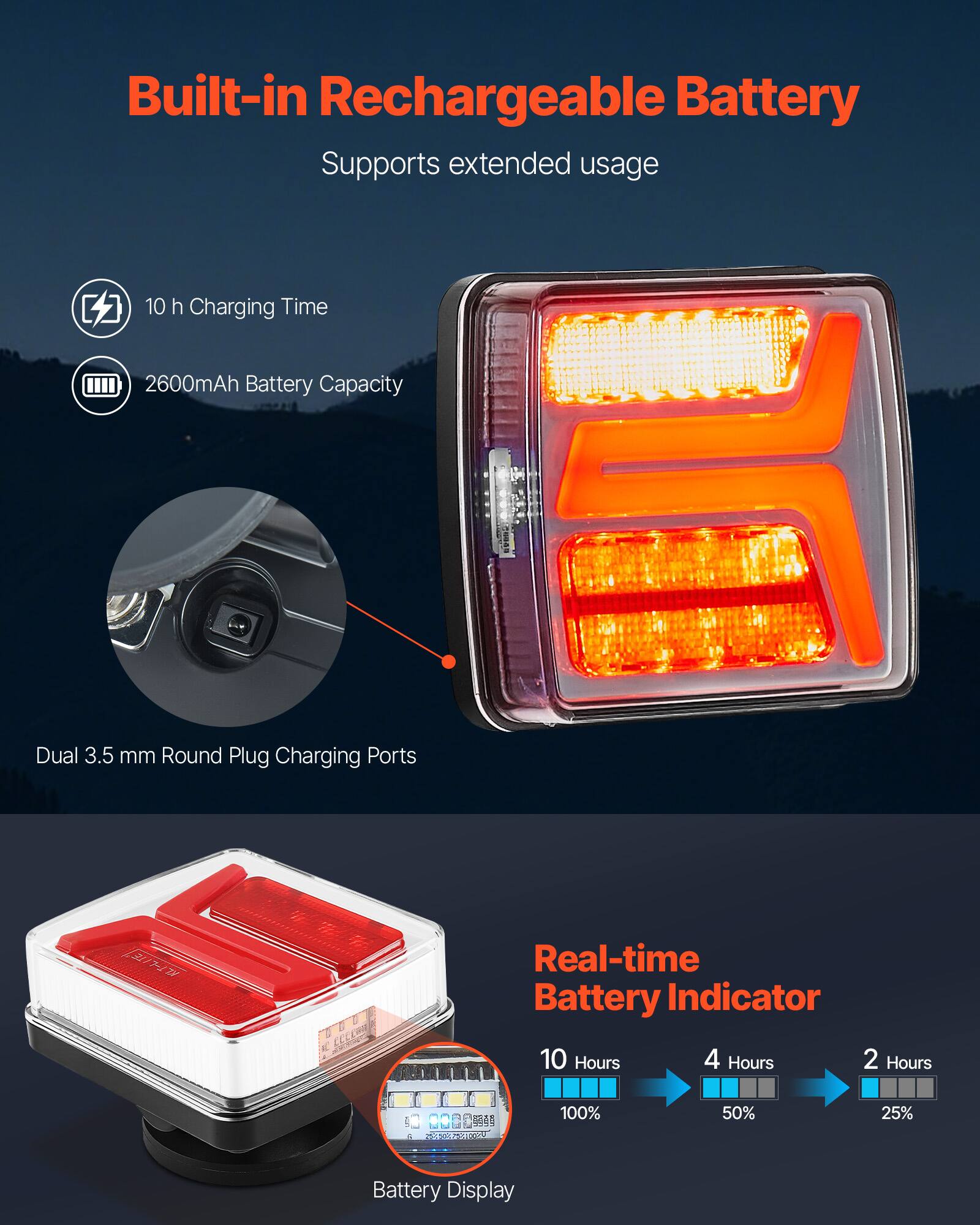 Built-in Rechargeable Battery  
Supports extended usage  

- 10 h Charging Time  
- 2600mAh Battery Capacity  
- Dual 3.5 mm Round Plug Charging Ports  

Real-time Battery Indicator  
- 10 Hours (100%)  
- 4 Hours (50%)  
- 2 Hours (25%)  

Battery Display