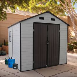 Mondawe - 8x8FT Outdoor Resin Storage Shed with Windows, Strong Aluminum Frame & Floor - Antique Brown+White