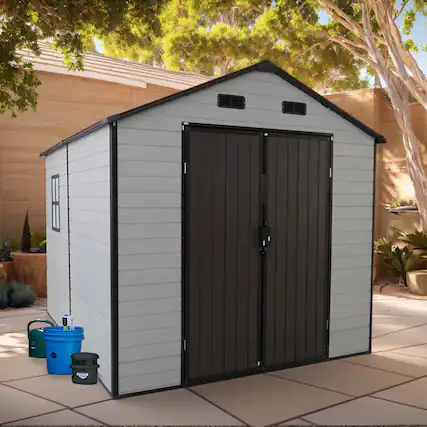 Front. Mondawe - 8x8FT Outdoor Resin Storage Shed with Windows, Strong Aluminum Frame & Floor - Antique Brown+White.