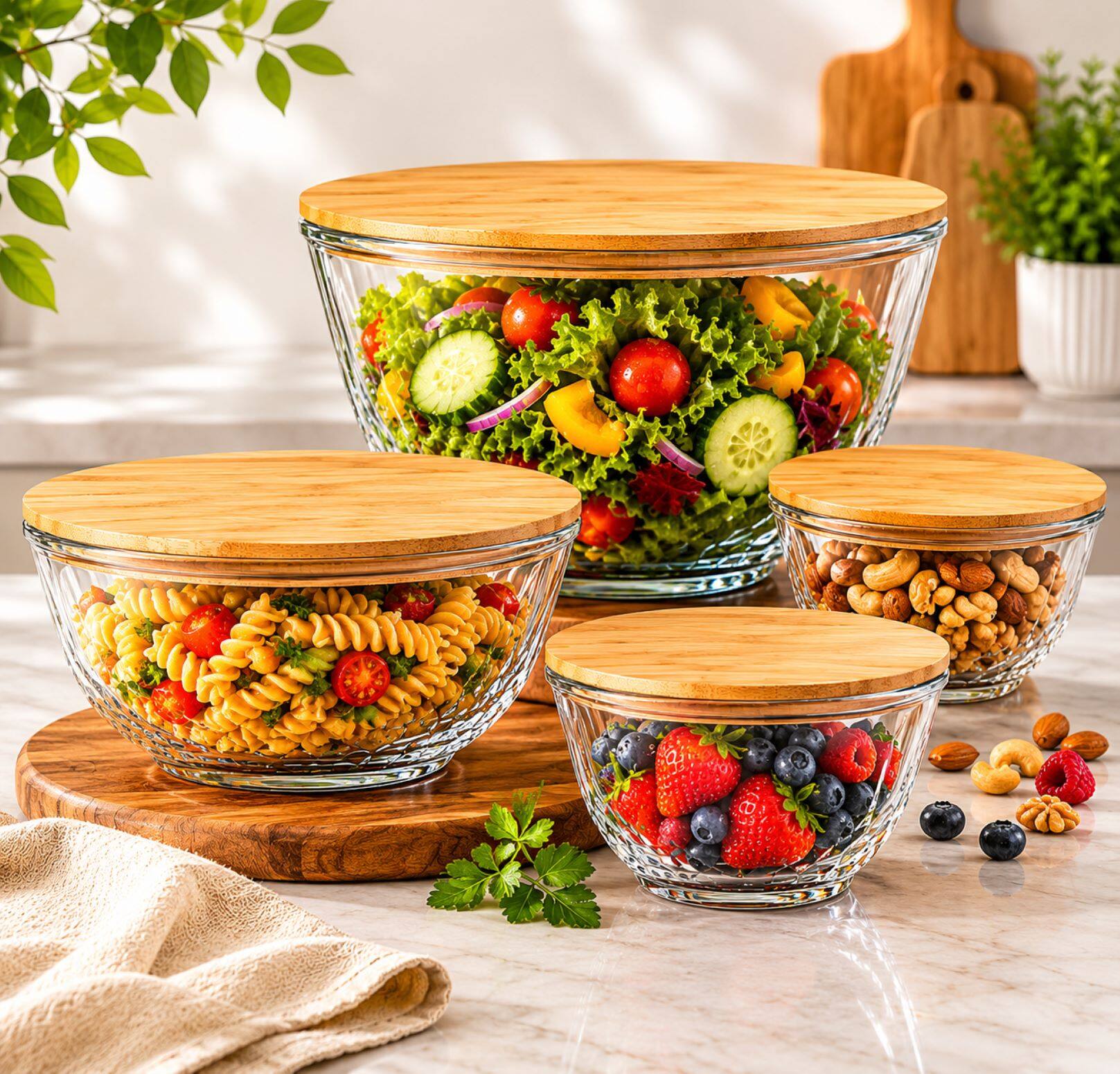 Angle. Sorbus - Sorbus 4-Piece Glass Diamond Textured Bowl Set with Bamboo Lids, Mixing & Storage Microwave, Dishwasher & Freezer Safe.