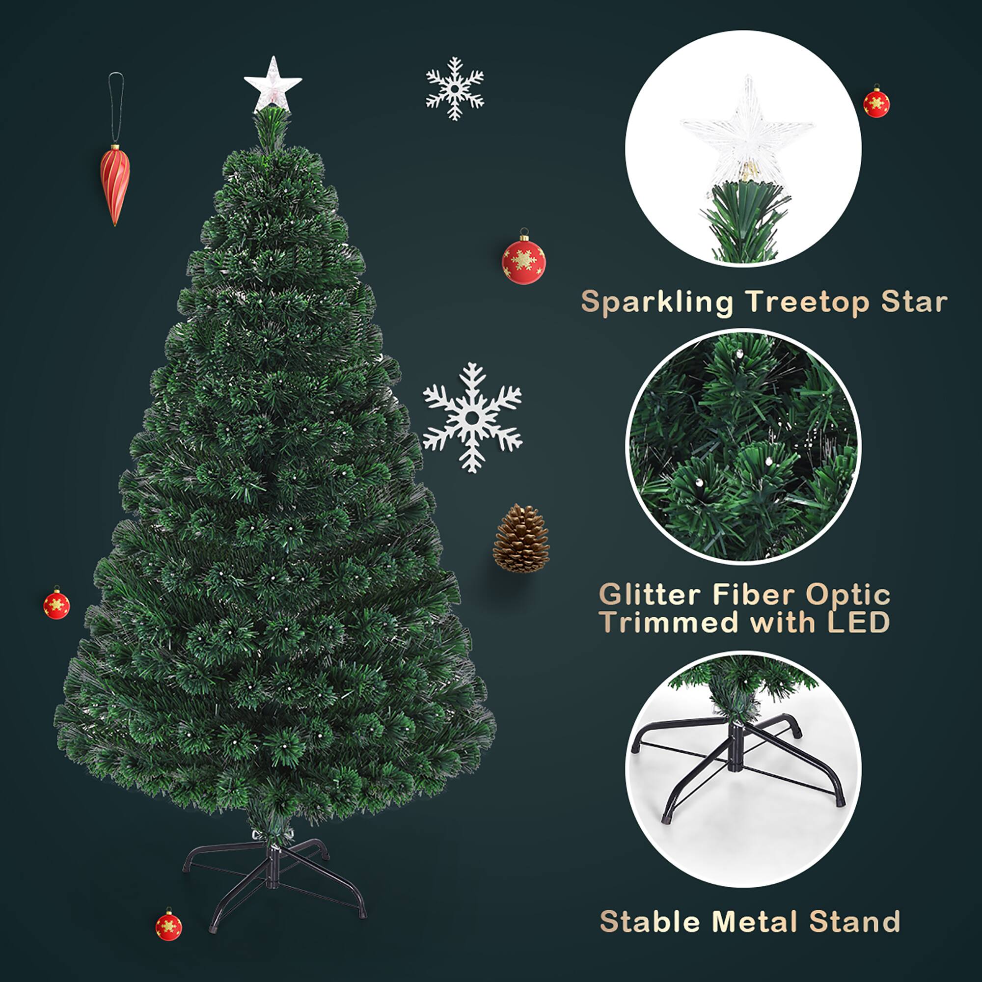 The text on the image is grouped as follows:

1. Sparkling Treetop Star
2. Glitter Fiber Optic Trimmed with LED
3. Stable Metal Stand