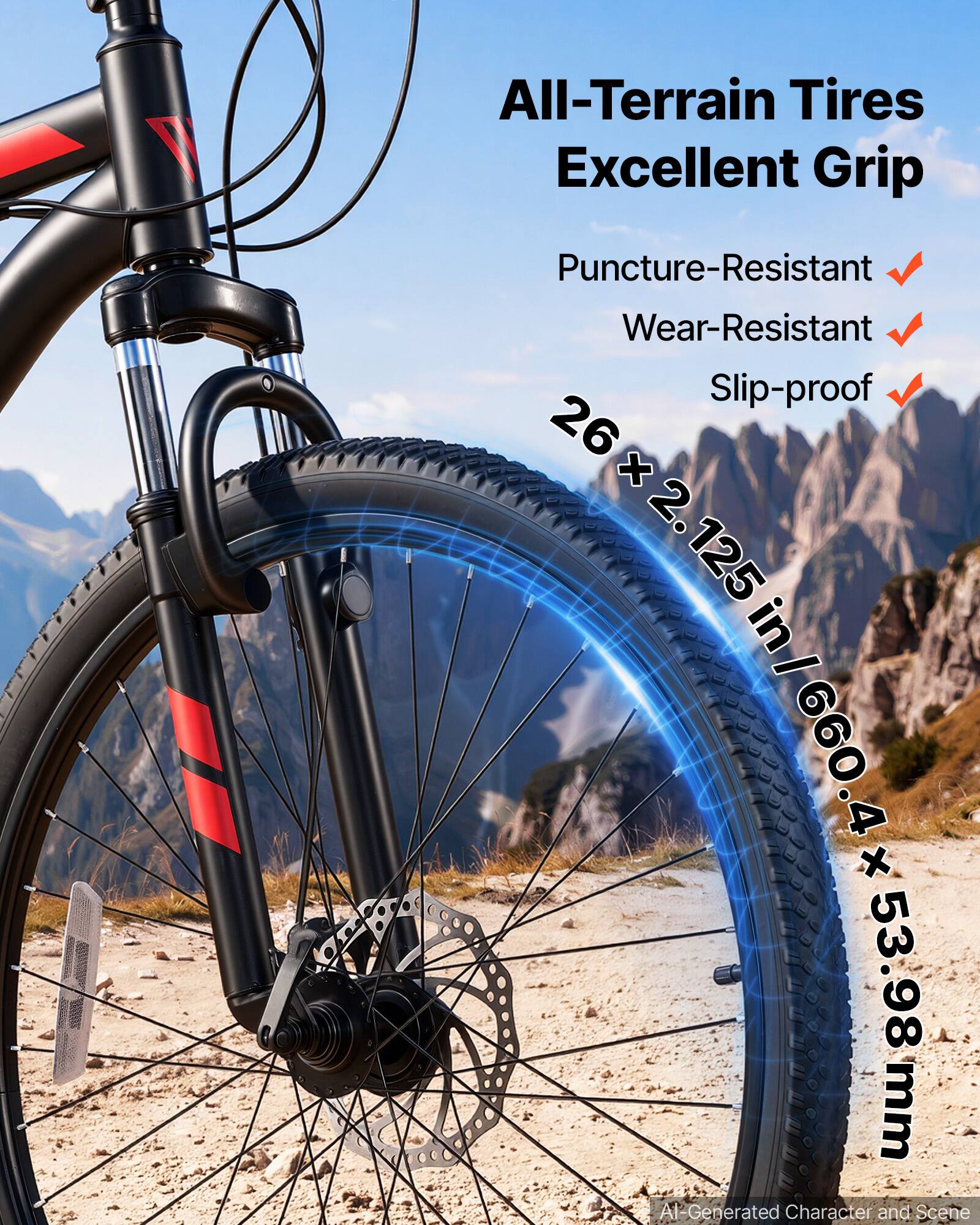 All-Terrain Tires Excellent Grip

Puncture-Resistant
Wear-Resistant
Slip-proof

26 + 2.125 in / 660.4 x 53.98 mm

AI-Generated Character and Scene
