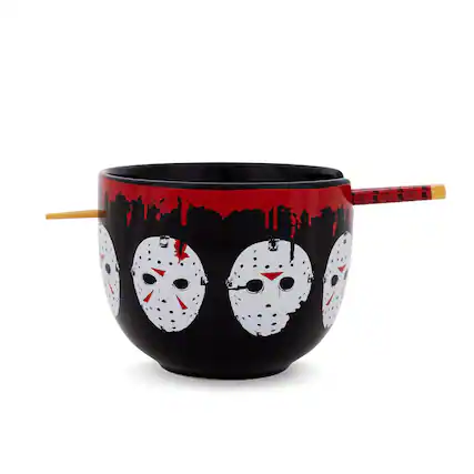 Front. Silver Buffalo - Friday The 13th Jason Voorhees Mask 20-Ounce Ramen Bowl and Chopstick Set - Black.