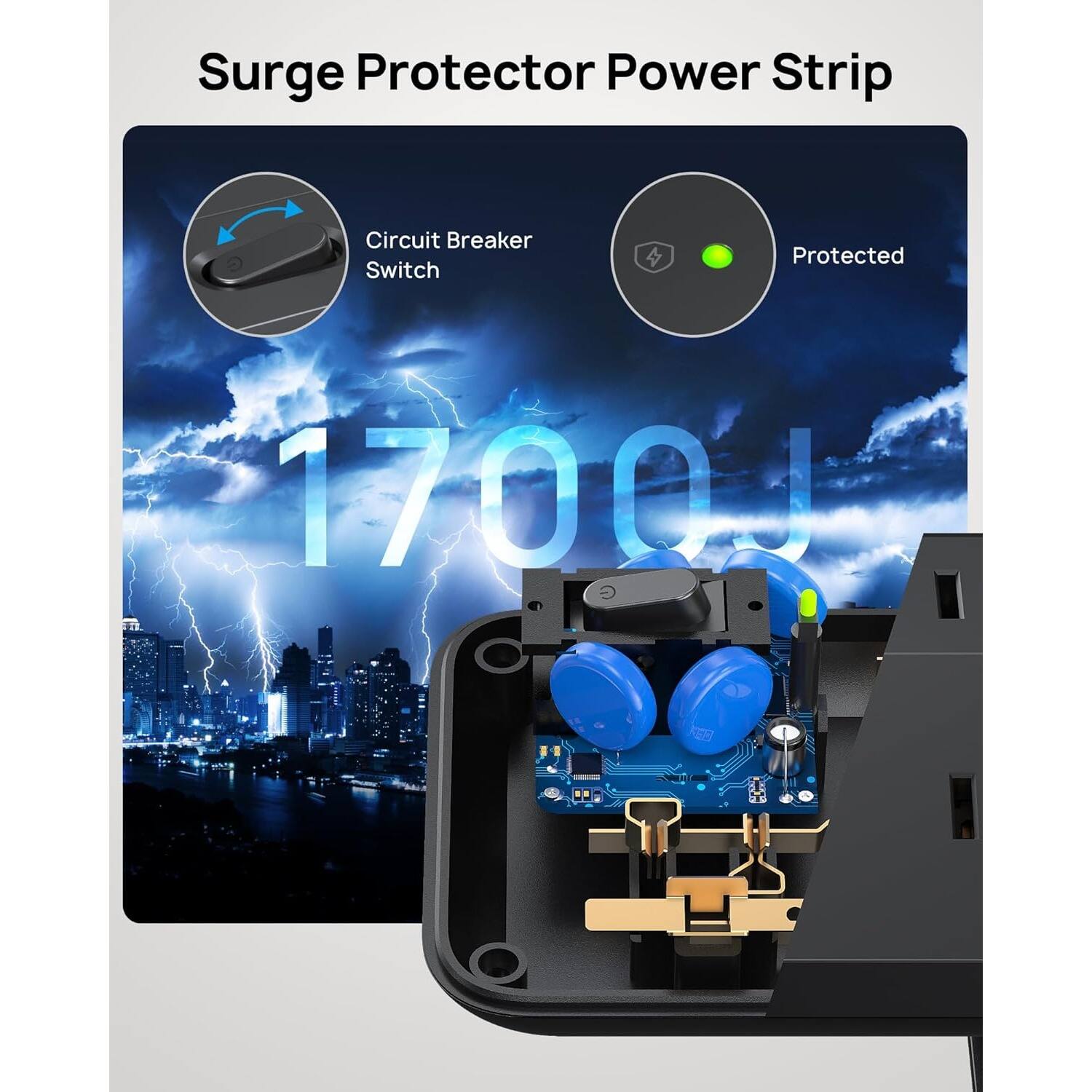Surge Protector Power Strip, Circuit Breaker Switch, Protected, 1700J