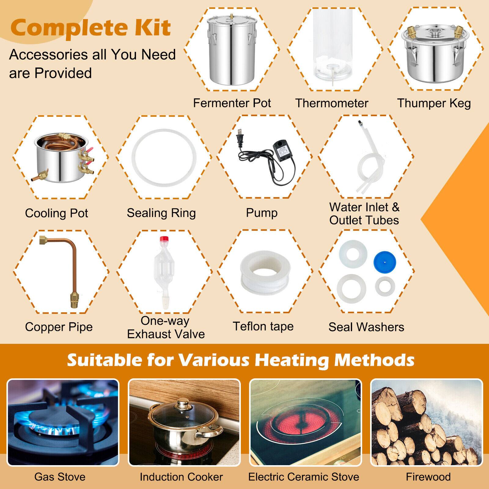 Complete Kit  
Accessories all You Need are Provided  
- Fermenter Pot  
- Thermometer  
- Thumper Keg  
- Cooling Pot  
- Sealing Ring  
- Pump  
- Water Inlet & Outlet Tubes  
- Copper Pipe  
- One-way Exhaust Valve  
- Teflon tape  
- Seal Washers  

Suitable for Various Heating Methods  
- Gas Stove  
- Induction Cooker  
- Electric Ceramic Stove  
- Firewood