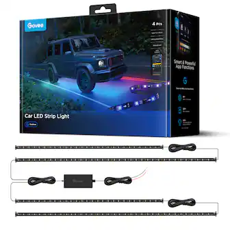 Sure, here is the corrected and grouped text from the image:
---
**Govee**
**Car LED Strip Light**
**Outdoor**
**4 Pcs**
- Sync with Music
- Simple Install & Activation
- Waterproof
- 4 Modes
- Control
**Smart & Powerful App Functions**
- Choose from Millions of Smart Home Items
- 300+ Color Options
- 2000+ Effects
- 50+ Scenes
- 50+ Music Modes
- 50+ Music Modes
**Govee**
---