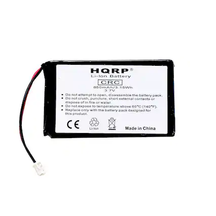 HQRP Li-lon Battery CRC
850mAh/3.15Wh 3.7V
Do not attempt to open or disassemble the battery pack.
Do not crush, puncture, short external contacts or dispose of in fire or water.
Do not expose to temperature above 60°C (140°F).
Replace only with the battery pack designed for this product.
CE Li-lon Made in China