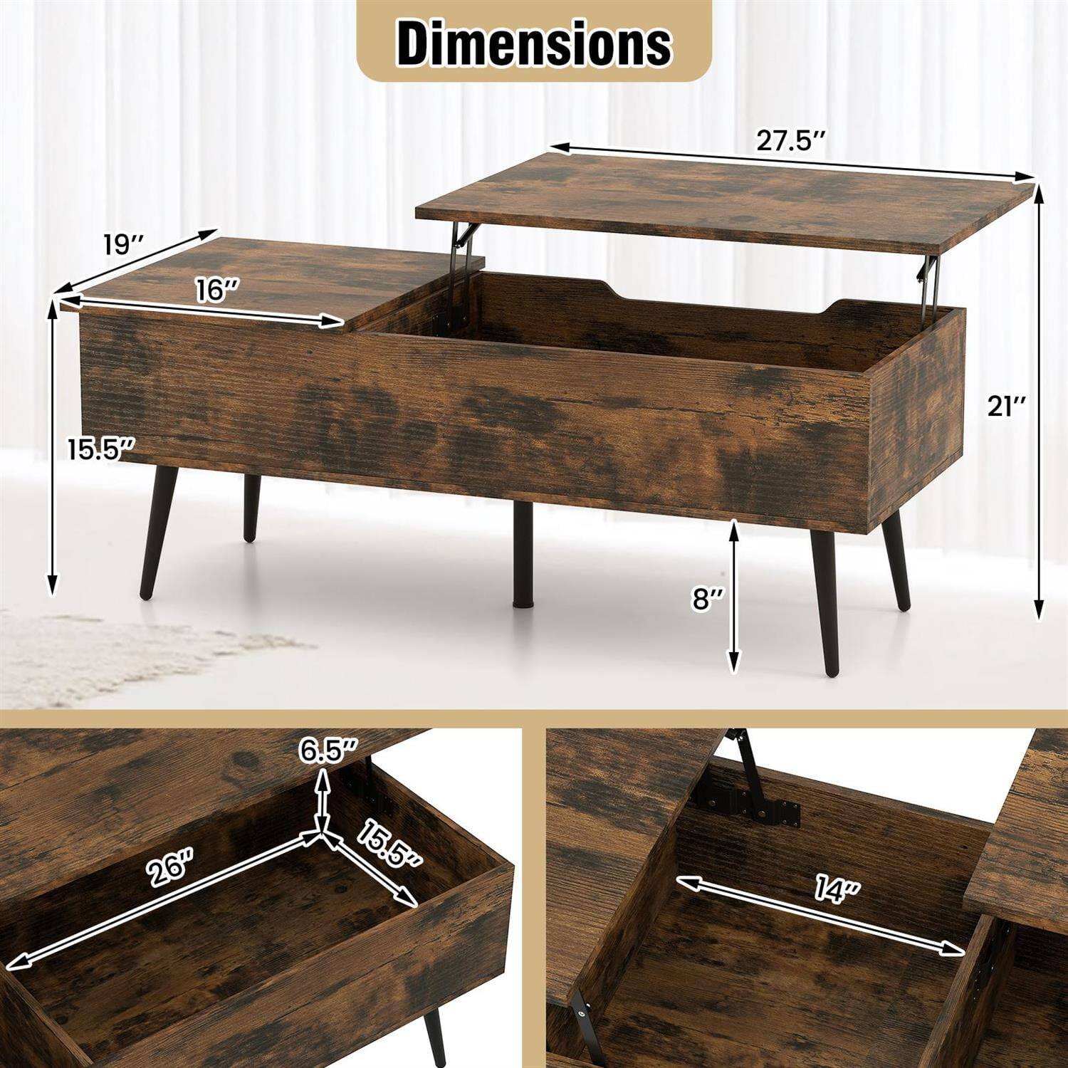 Dimensions: 27.5" x 19" x 16" x 15.5" x 21" x 8" x 6.5" x 26" x 15.5" x 14"