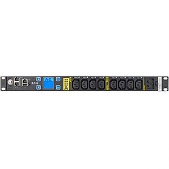 Front. Eaton - Eaton Managed rack PDU, 1U, C20 input, 3.84 kW max, 200-240V, 16A, 10 ft cord, Single-phase, Outlets: (8) C13 Outlet - Black.