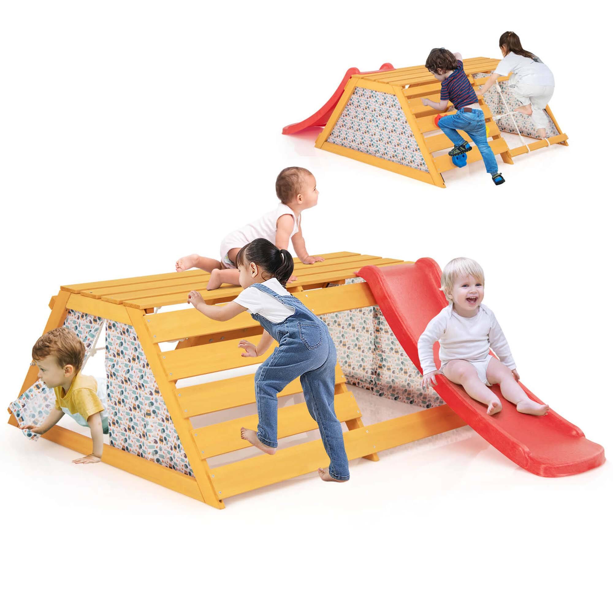 Alt View 9. Costway - Costway 5-in-1 Indoor Jungle Gym Montessori Climbing Toys with Slide for Toddlers Wooden - Natural.