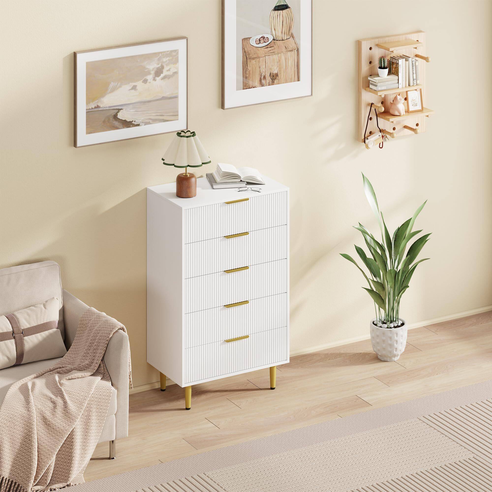 Alt View 1. Acekool - Fluted Dresser for Bedroom with 5 Drawers, Wooden Chest of Drawers with Metal Handle & Feet - White.