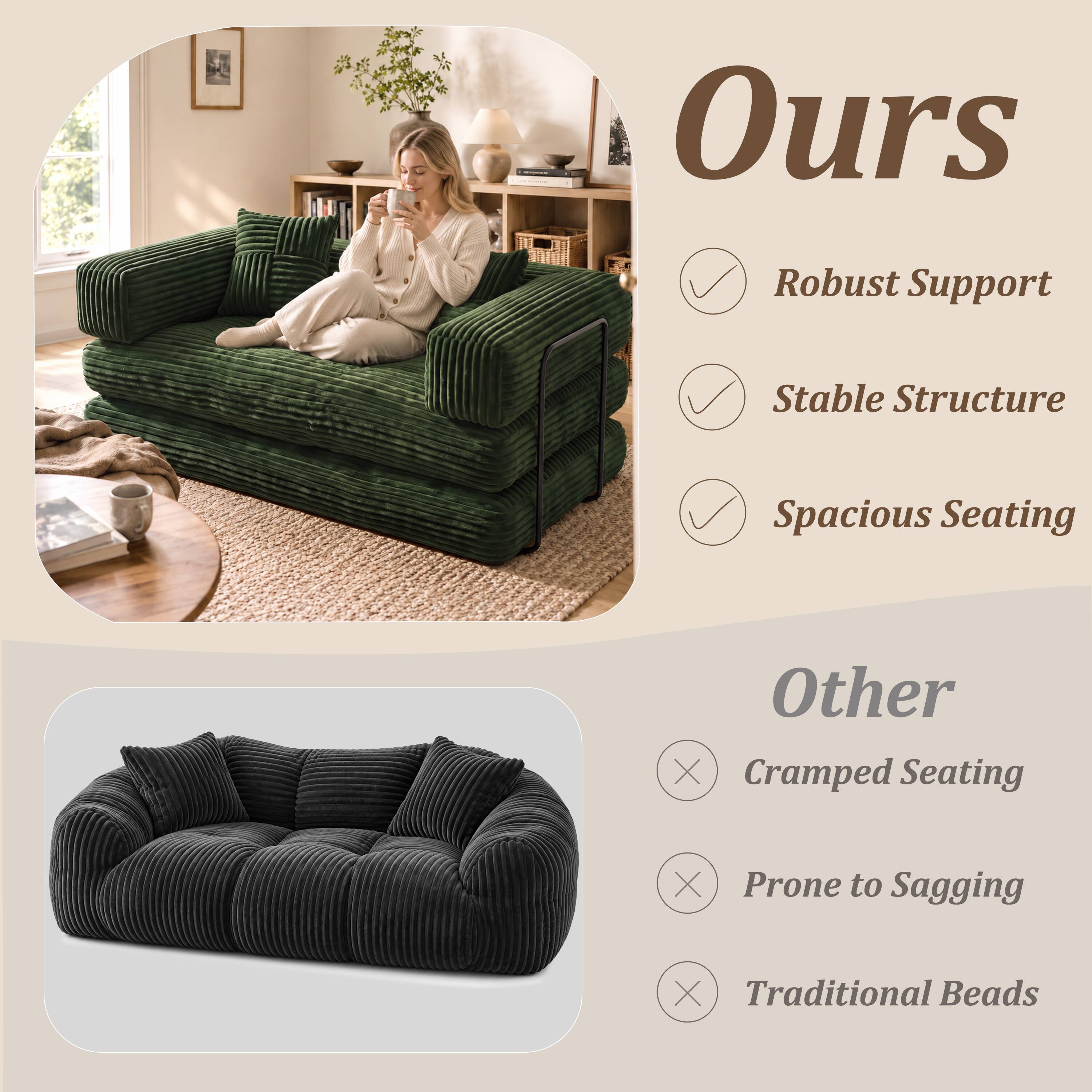 Ours
- Robust Support
- Stable Structure
- Spacious Seating

Other
- Cramped Seating
- Prone to Sagging
- Traditional Beads