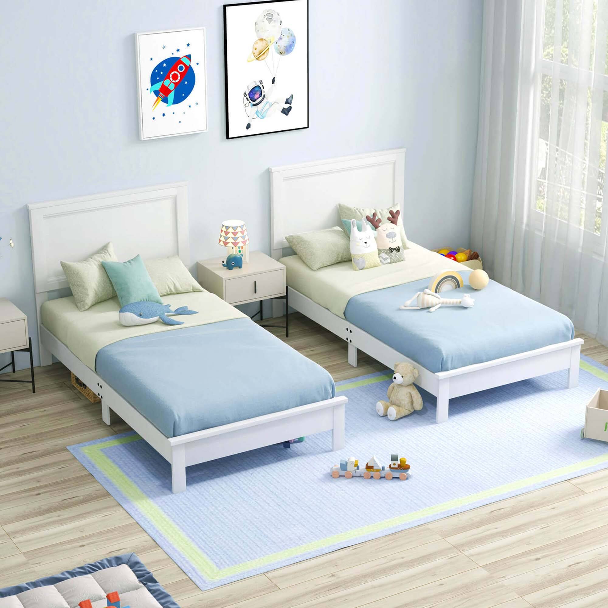 Alt View 2. Costway - Costway Twin Size Bed Frame Platform Slat High Headboard Bedroom Rubber Wood Leg White - White.