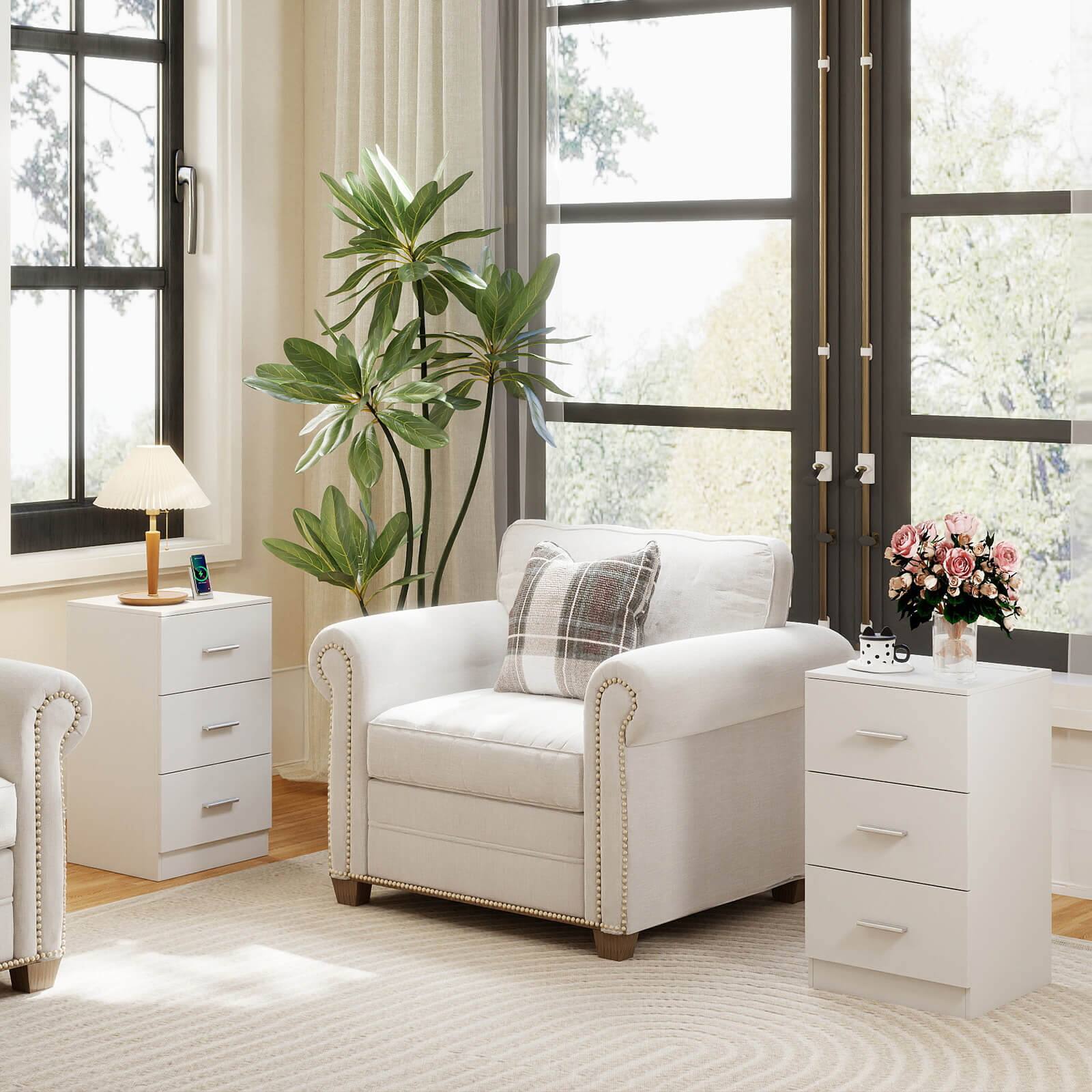 Alt View 5. Costway - Costway Nightstand with Charging Station, 3 Storage Drawers, Bedside Table for Bedroom - White.