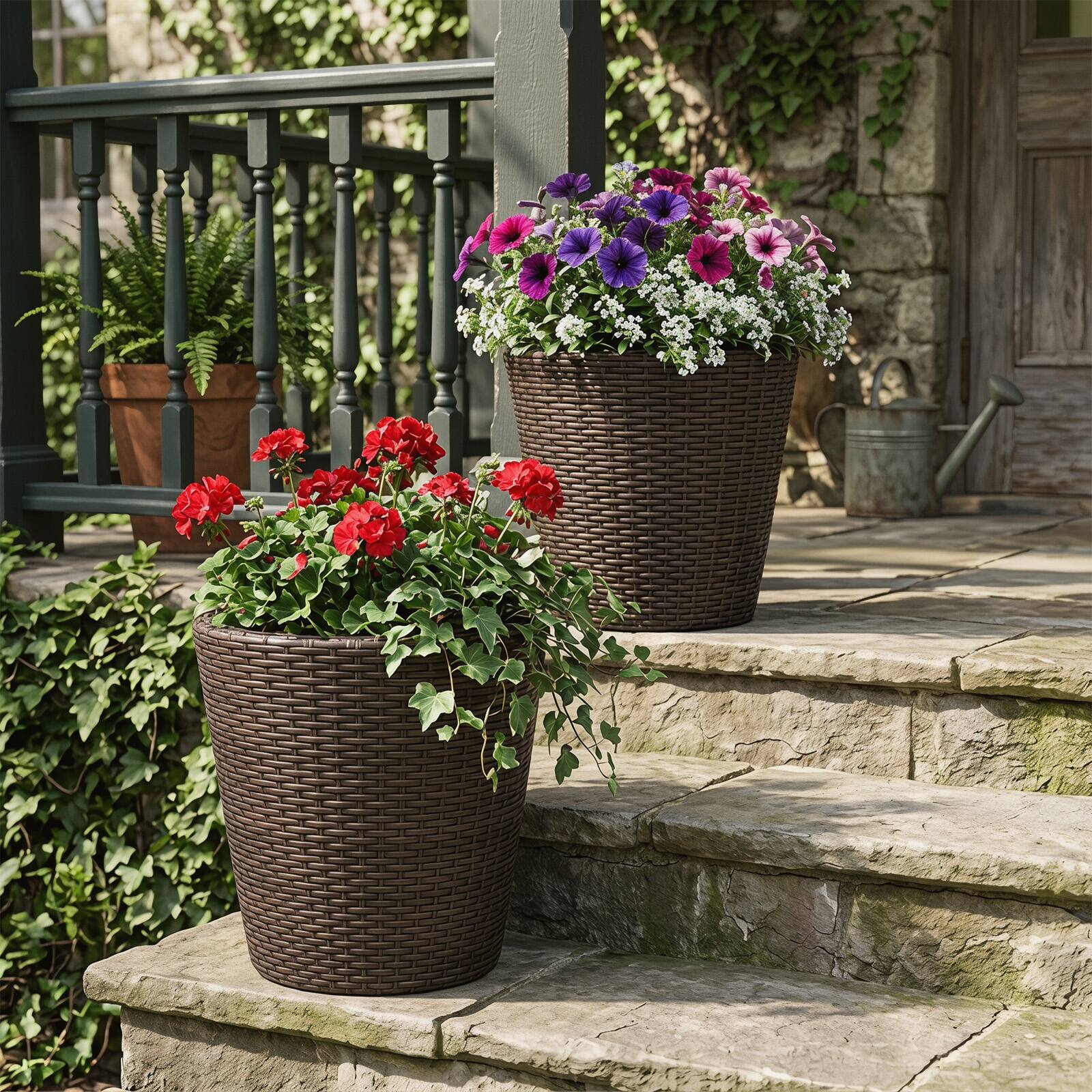 Alt View 2. Costway - Costway Set of 2 Plastic Planters, 15" & 12" Taper Rattan Planters with Drainage Holes - Brown + Black.