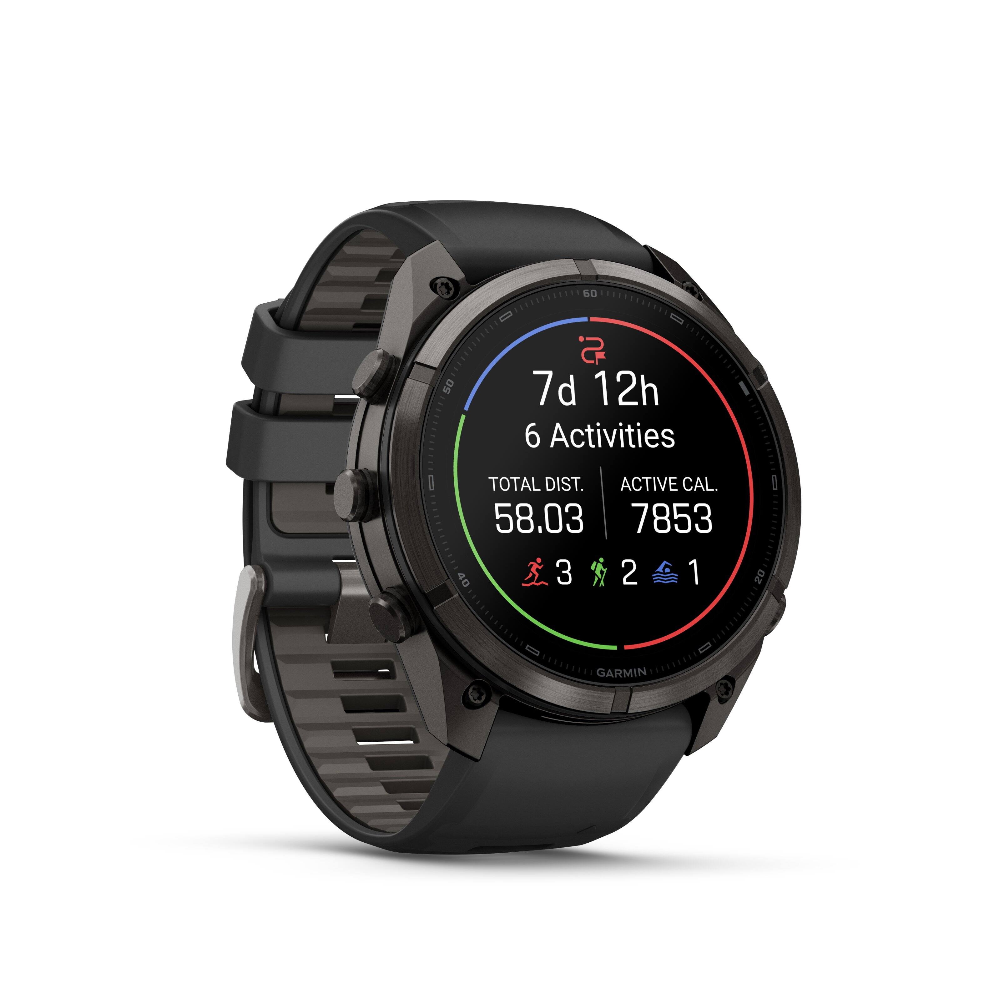 7d 12h  
6 Activities  
TOTAL DIST. 58.03  
ACTIVE CAL. 7853  
3 2 1  
GARMIN